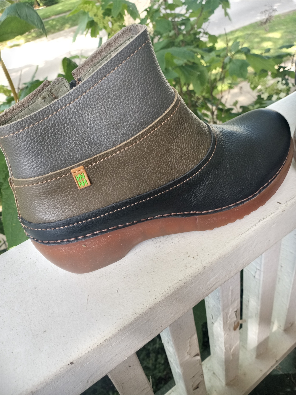 Two-Tone Leather Ankle Boots in Black and Olive - Picture 2 of 3
